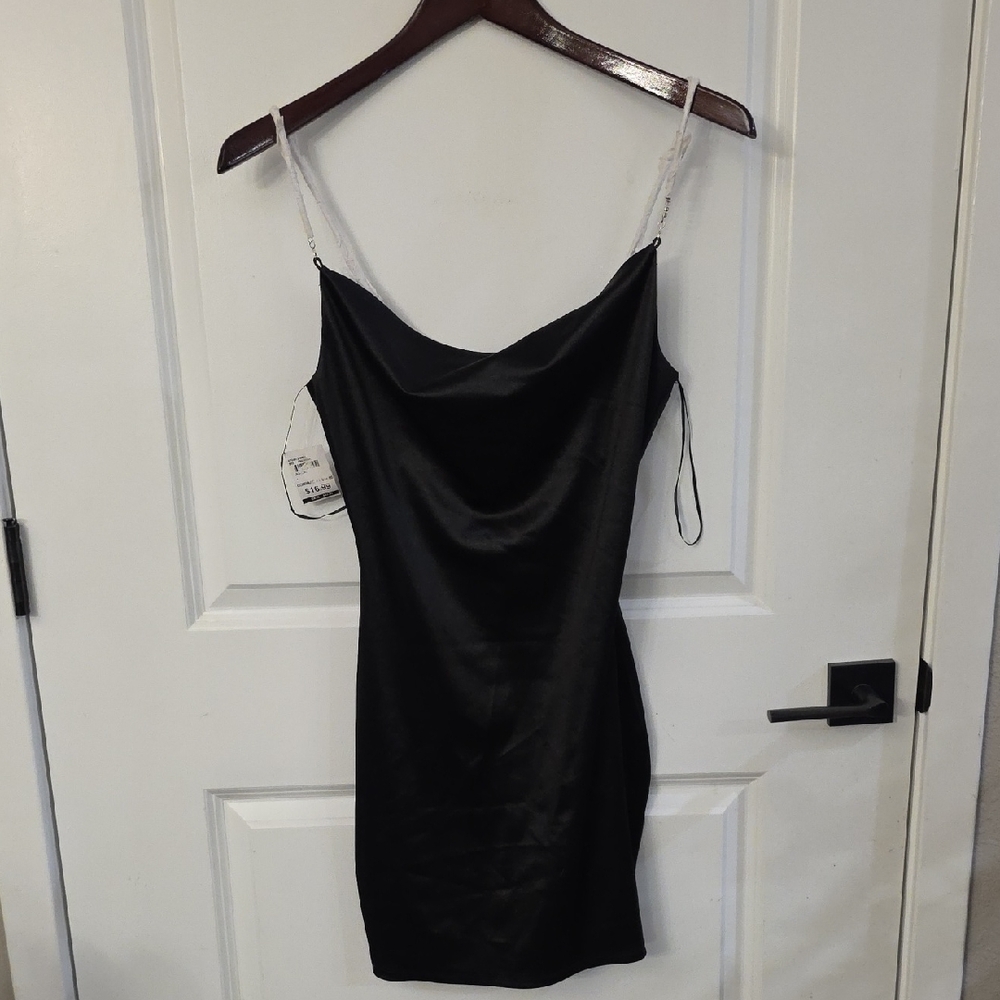 Black Satin Cowl Neck Mini Dress with Embellished Straps